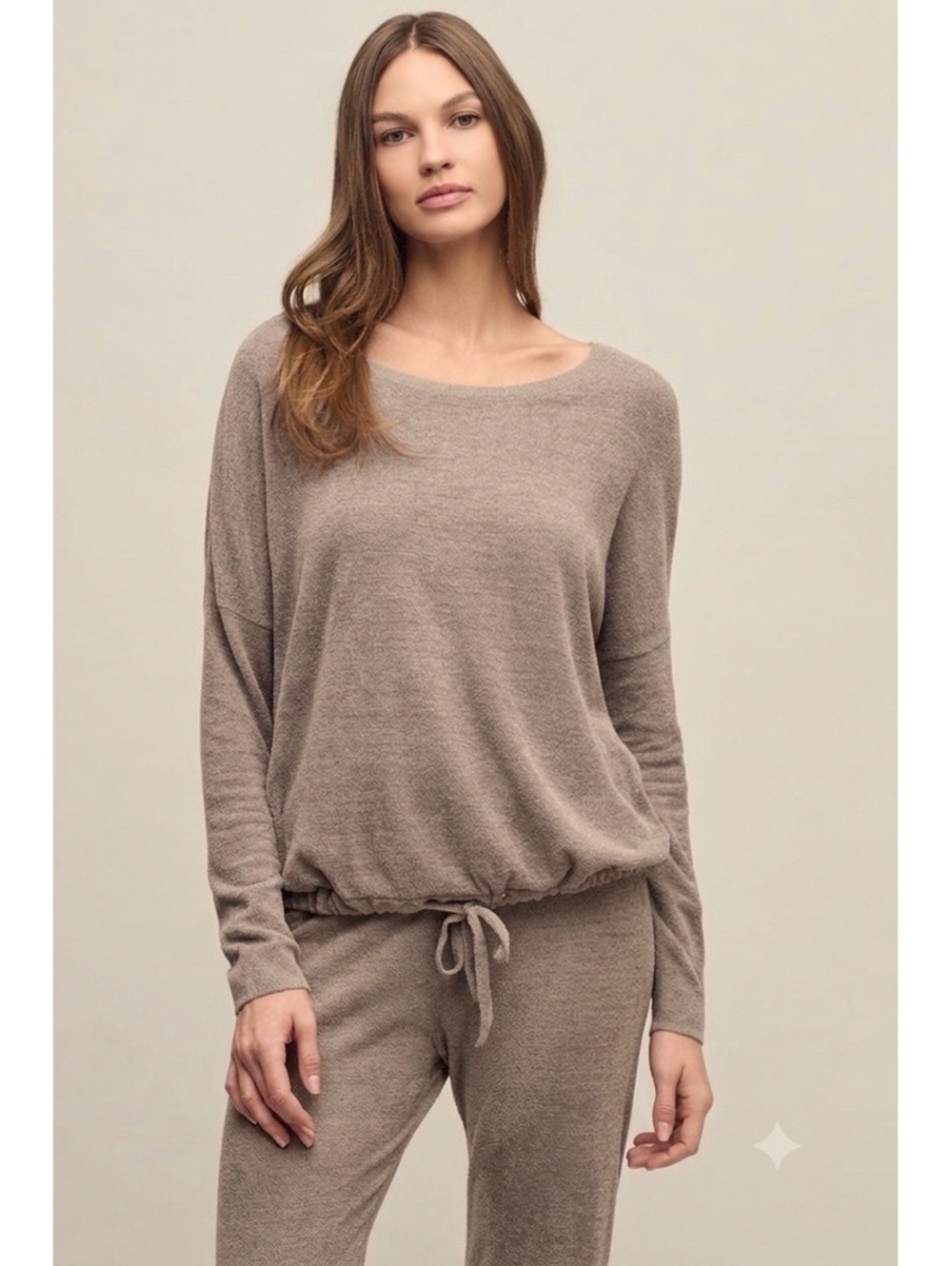 Barefoot Dreams CozyChic Ultra Lite Slouchy Pullover Beach Rock Tie Hem XL